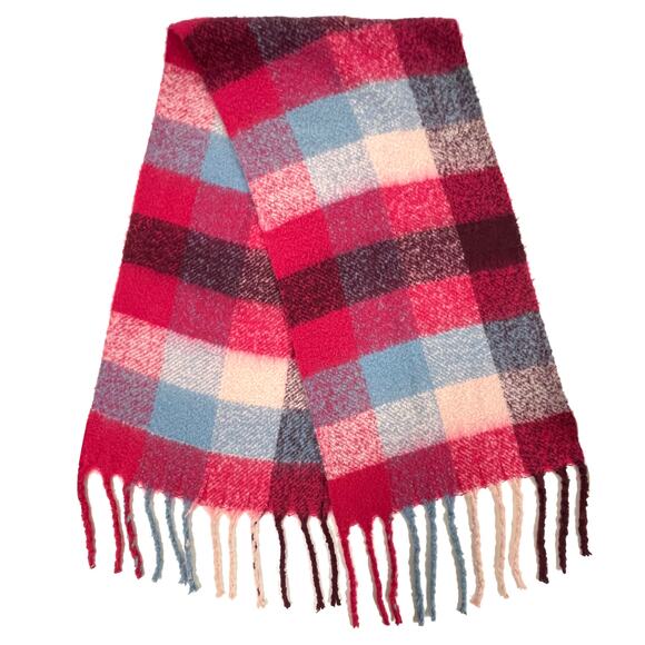 R Fashion Apparel Winter Long Fringe Scarf Vibrant Rich Plaid Fuchsia Blue Soft - Picture 4 of 9